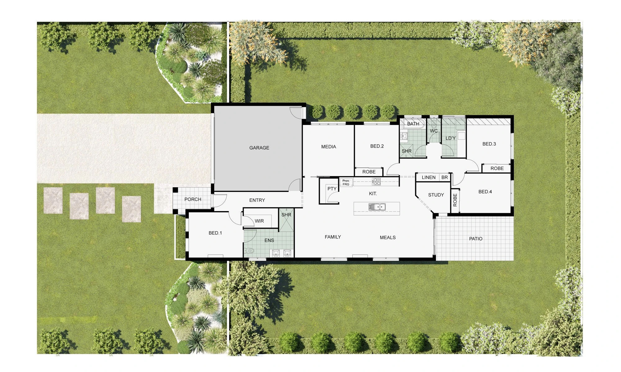 Coloured 2D floorplan with landscaped site plan