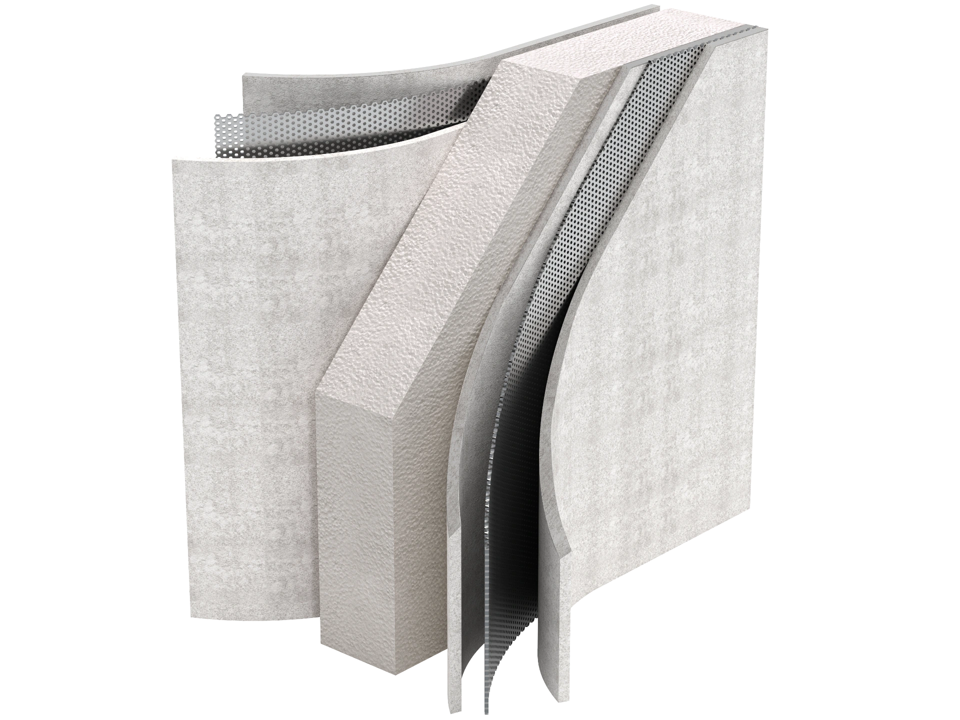 Photorealistic 3D cutaway render of facade wall layers and fixings