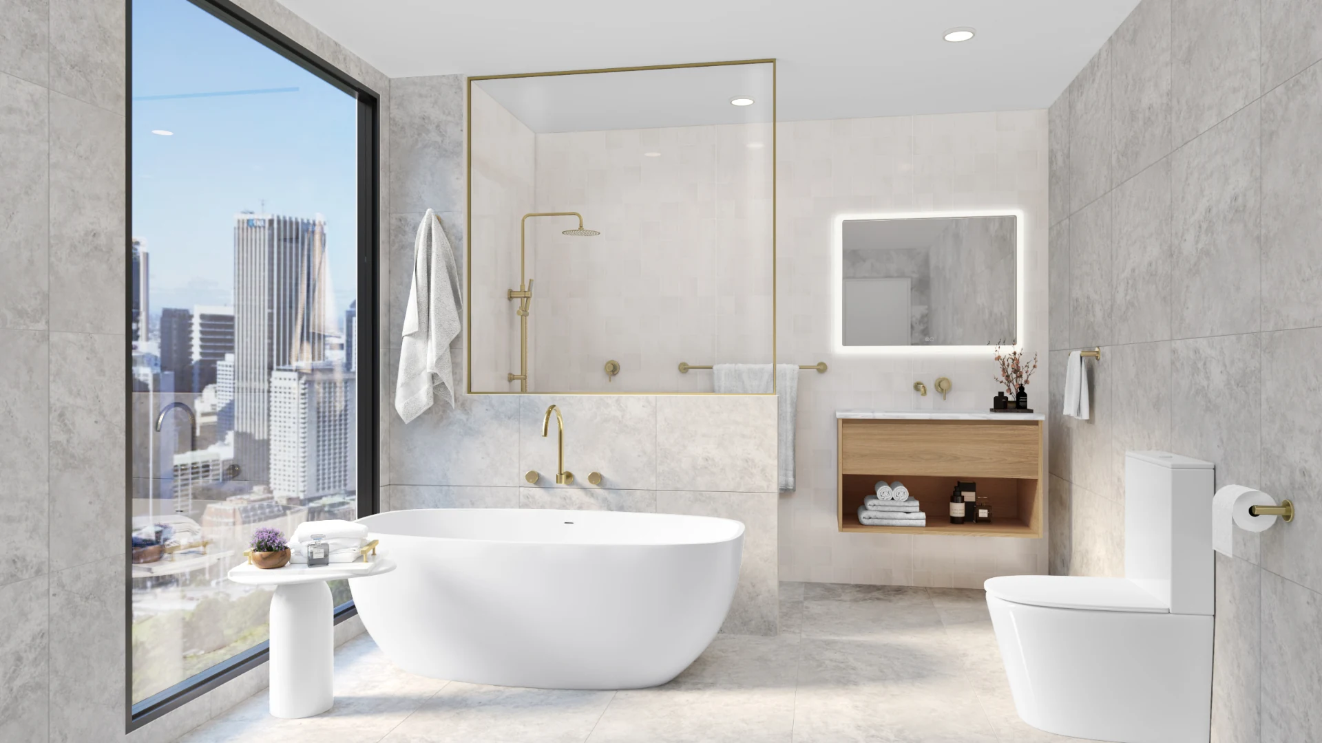Photorealistic interior 3D render of penthouse main bathroom