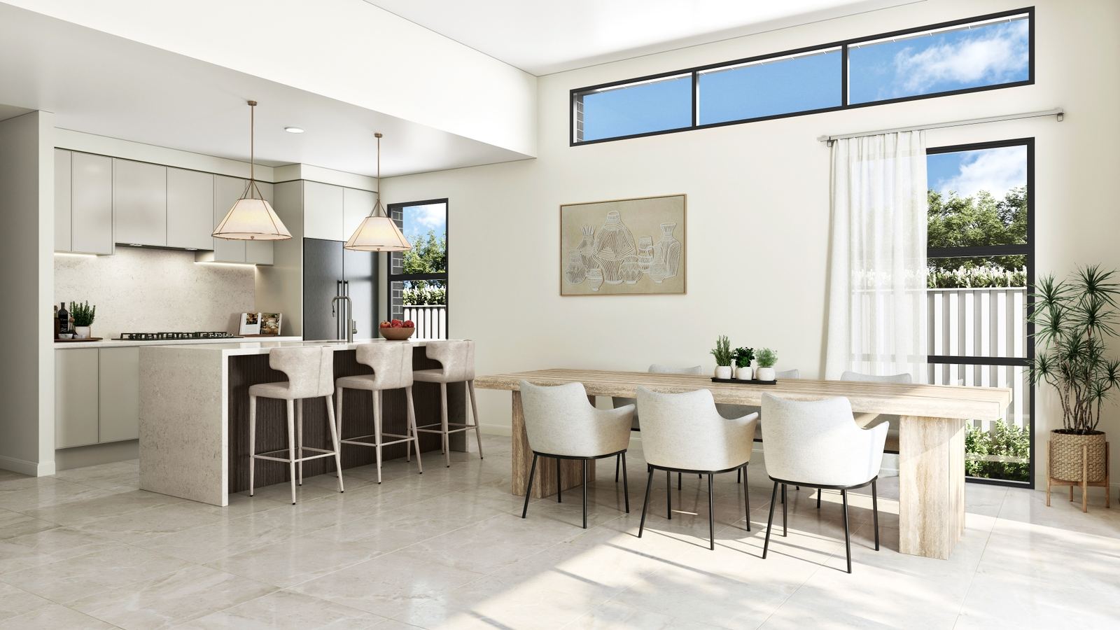 Photorealistic 3D interior render of duplex kitchen, family and dining area