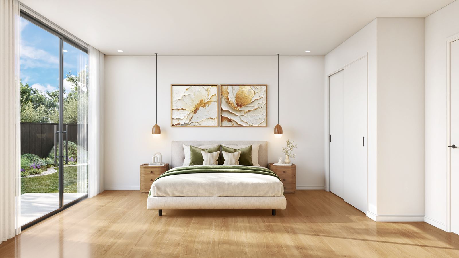 Photorealistic 3D interior render of NDIS SDA bedroom with garden view