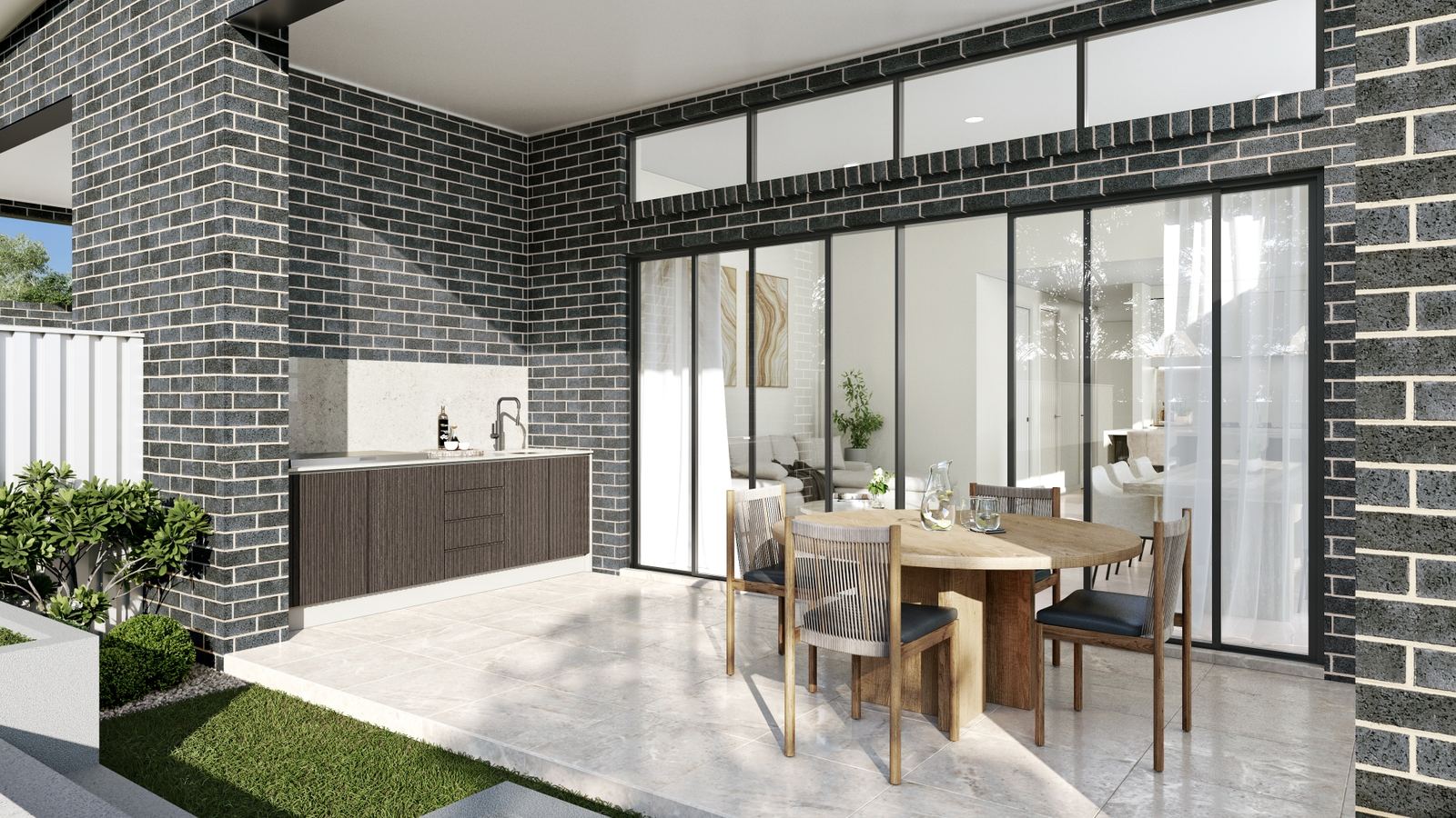 Photorealistic 3D render of duplex outdoor living and alfresco area