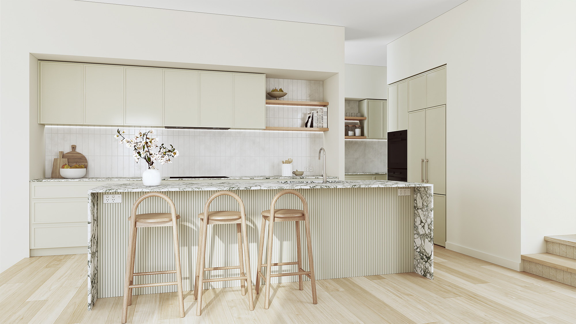 Photorealistic Paddington kitchen 3D render with marble island and fluted cabinetry