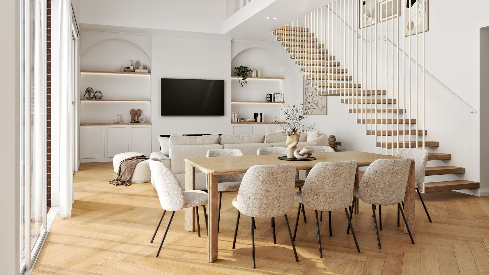 Photorealistic living and dining 3D render with herringbone floors and floating staircase