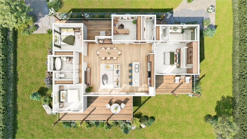 Photorealistic 3D doll-house floorplan render