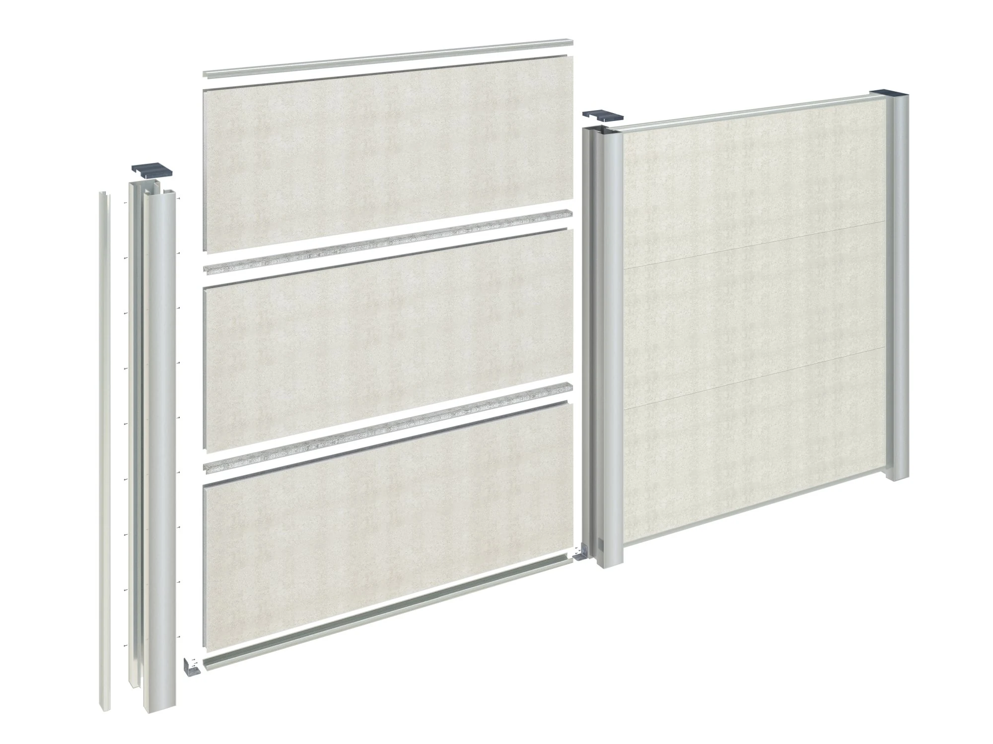 Photorealistic 3D exploded render of modular barrier wall system