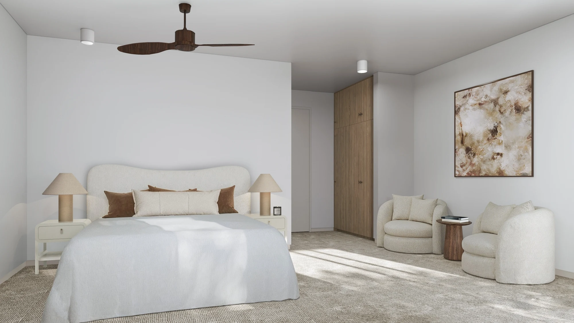 Photorealistic 3D interior render of modular home master bedroom