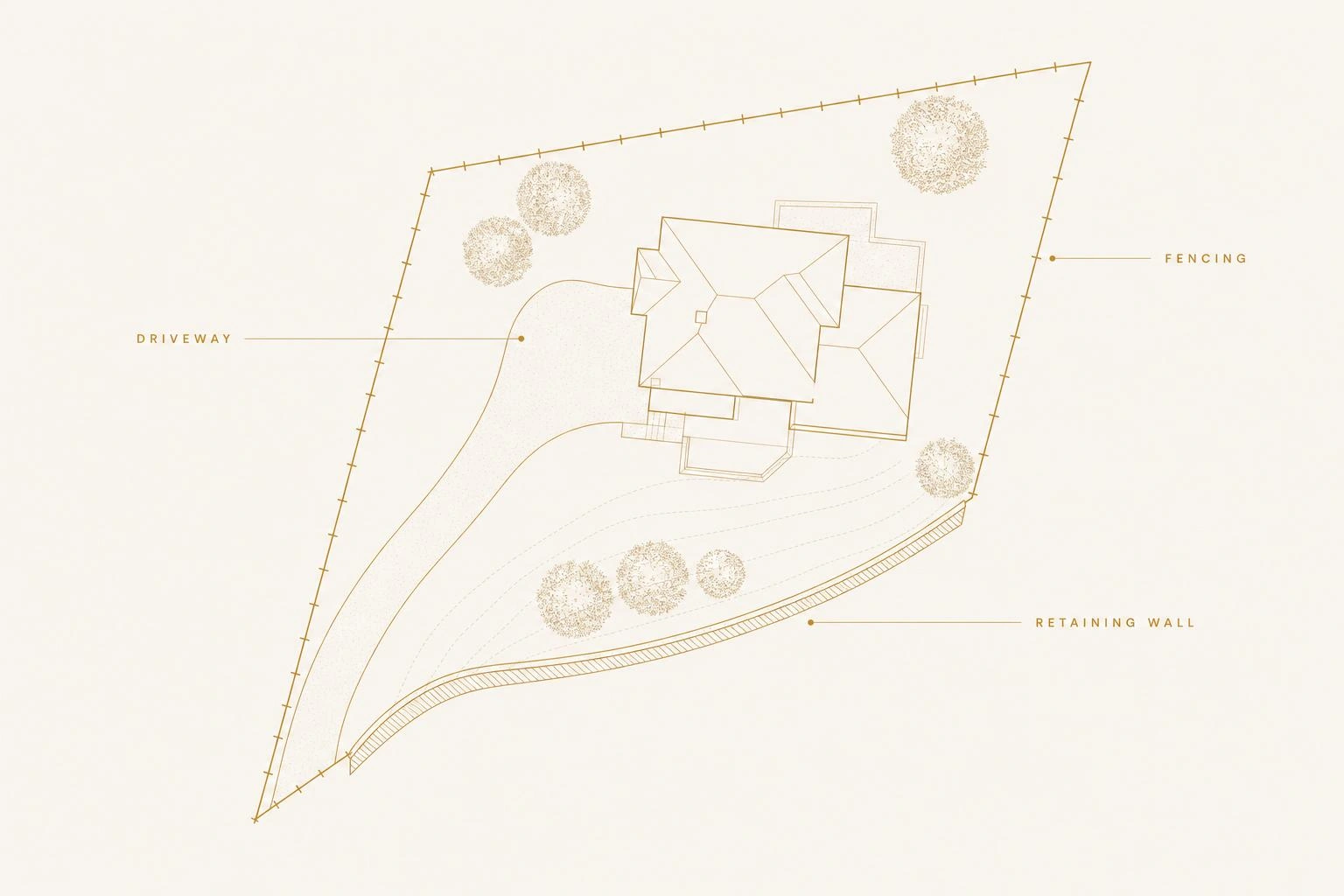 Site plan showing fencing, driveway and retaining wall
