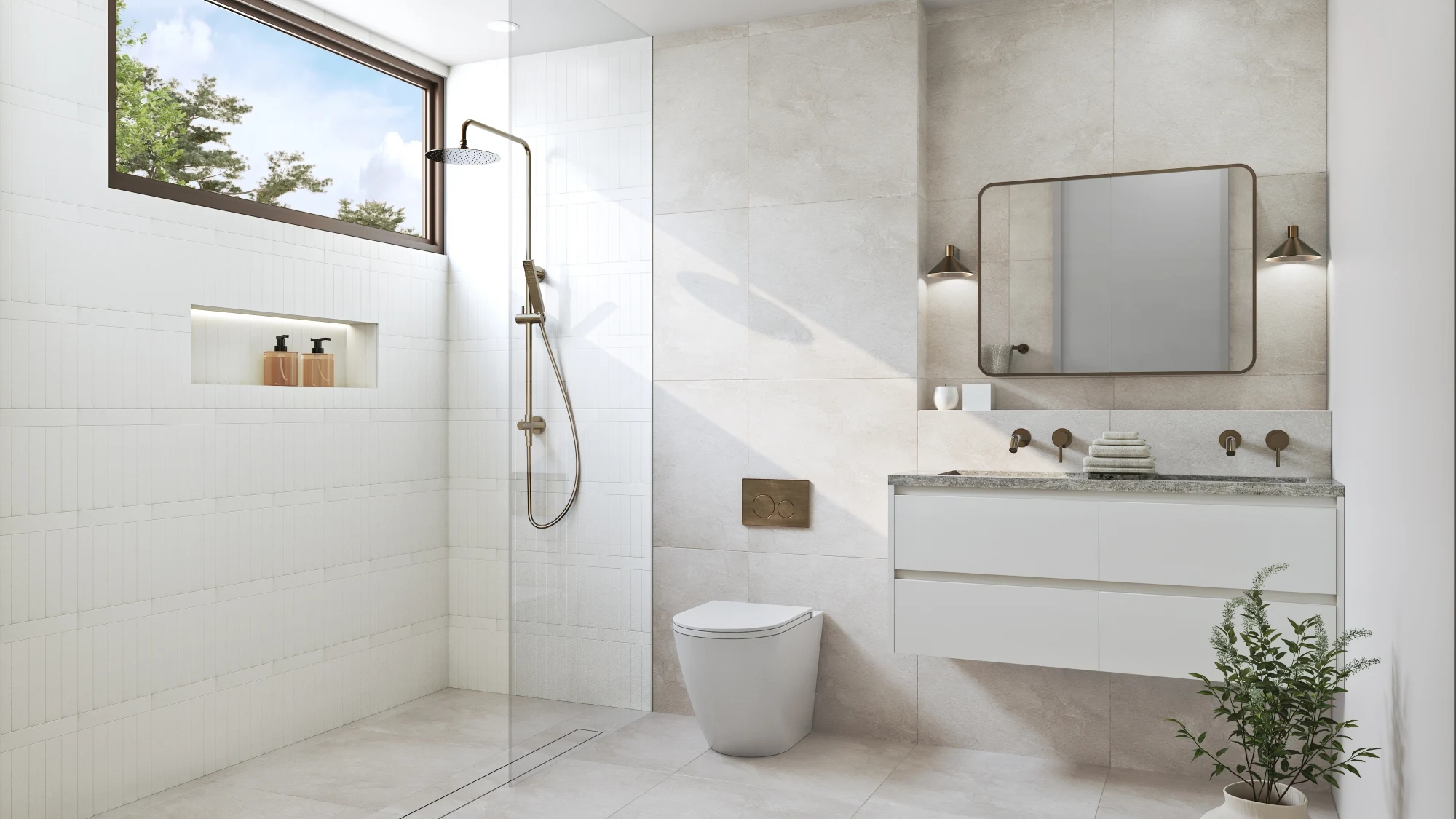 Photorealistic 3D interior render of modular home master ensuite