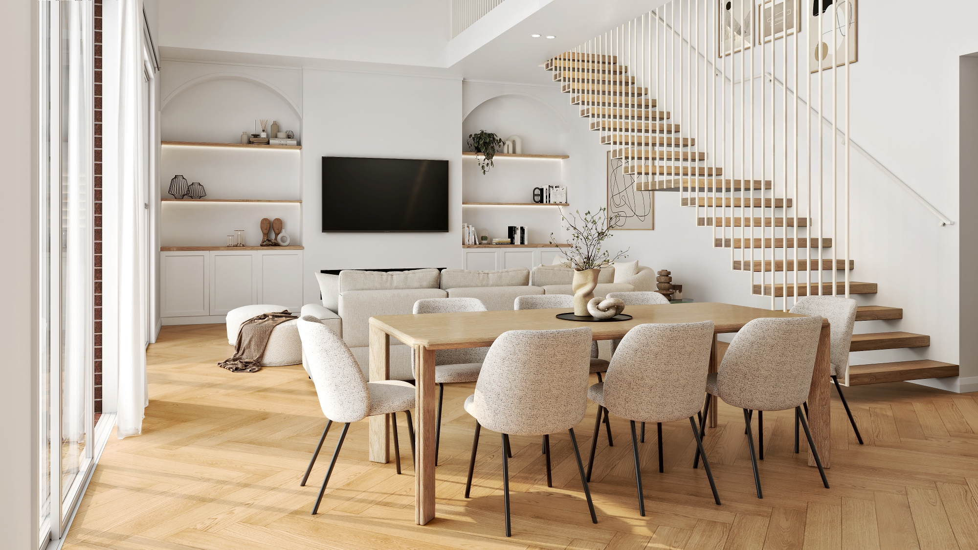 Photorealistic living and dining 3D render with herringbone floors and floating staircase