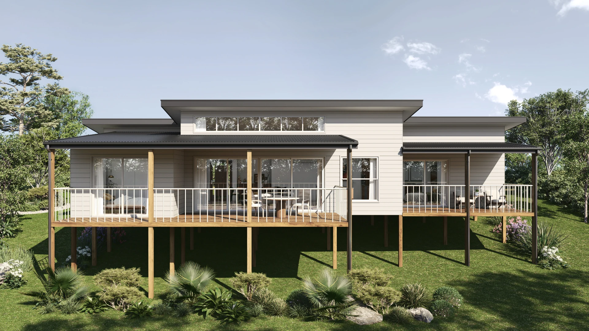 Photorealistic 3D render of elevated modular Primeline prefab home