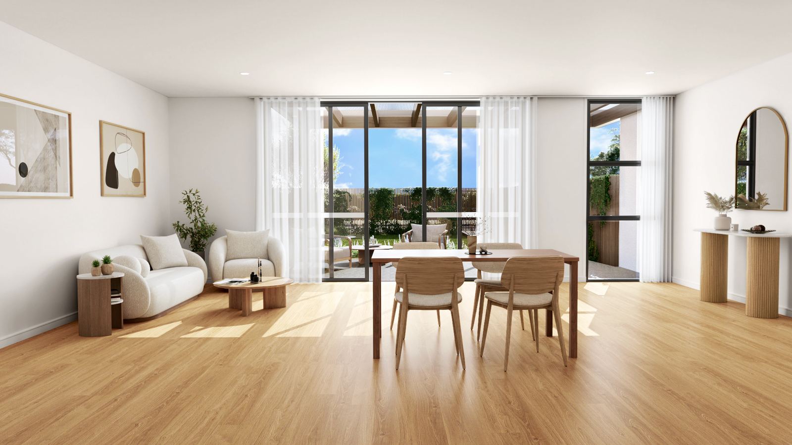 Photorealistic 3D interior render of NDIS SDA open plan living and dining