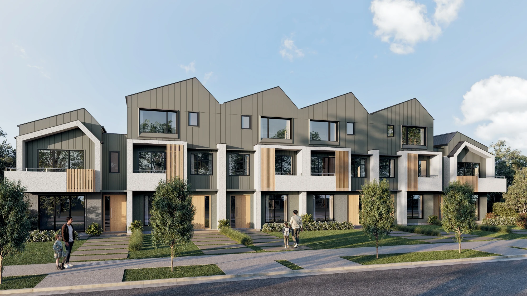 3D streetscape render of Modern Barn townhouse development