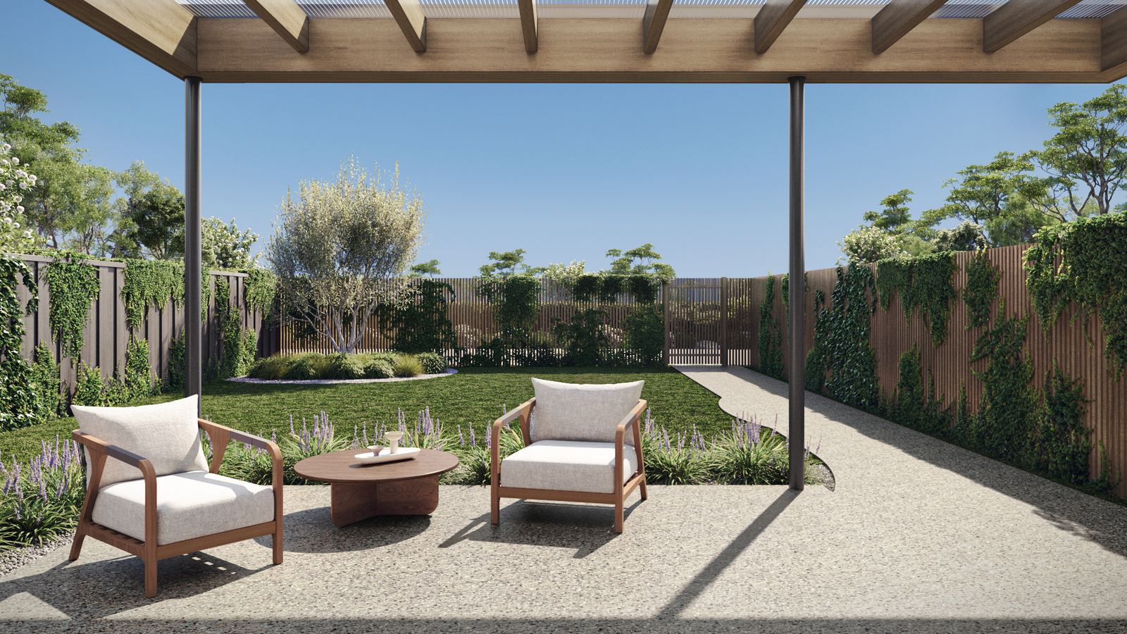 Photorealistic 3D render of NDIS SDA rear alfresco and garden