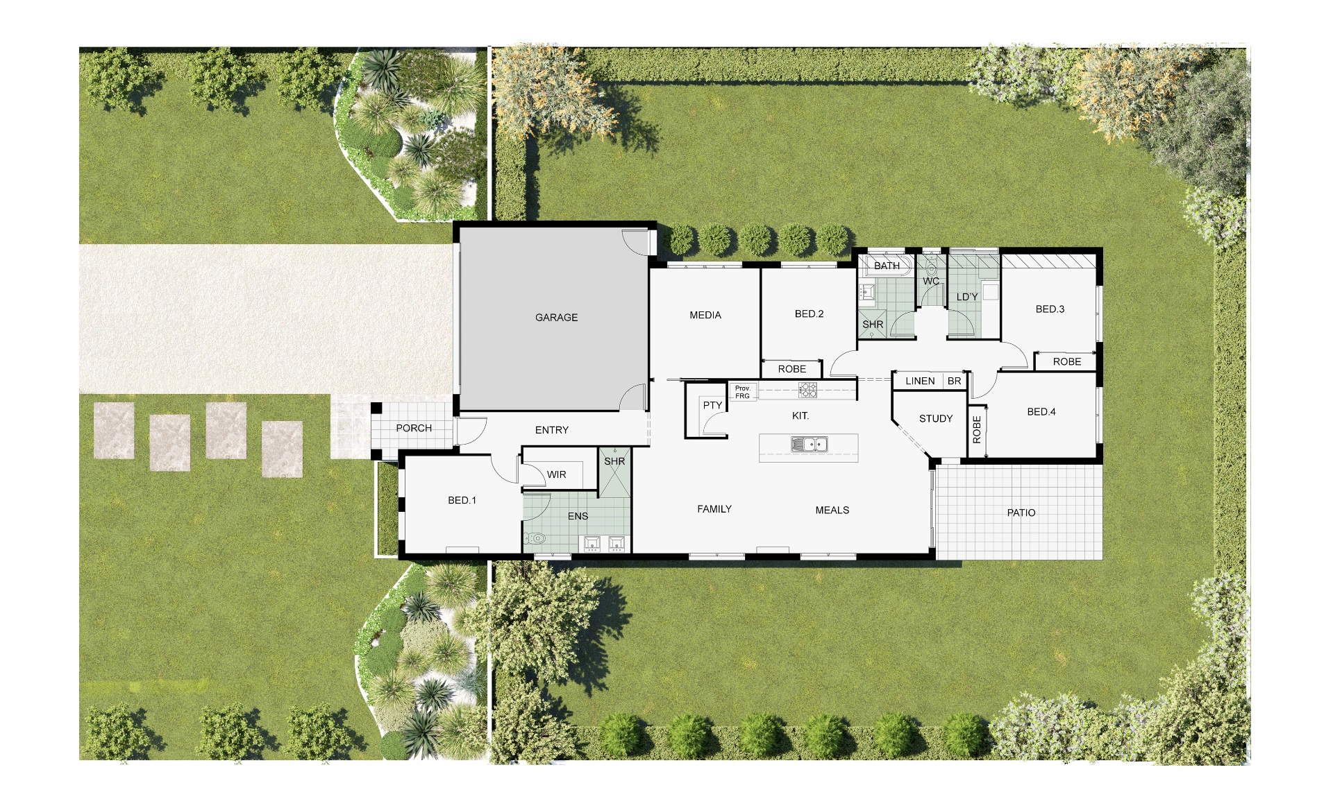 2D floor plan with site plan and landscaping