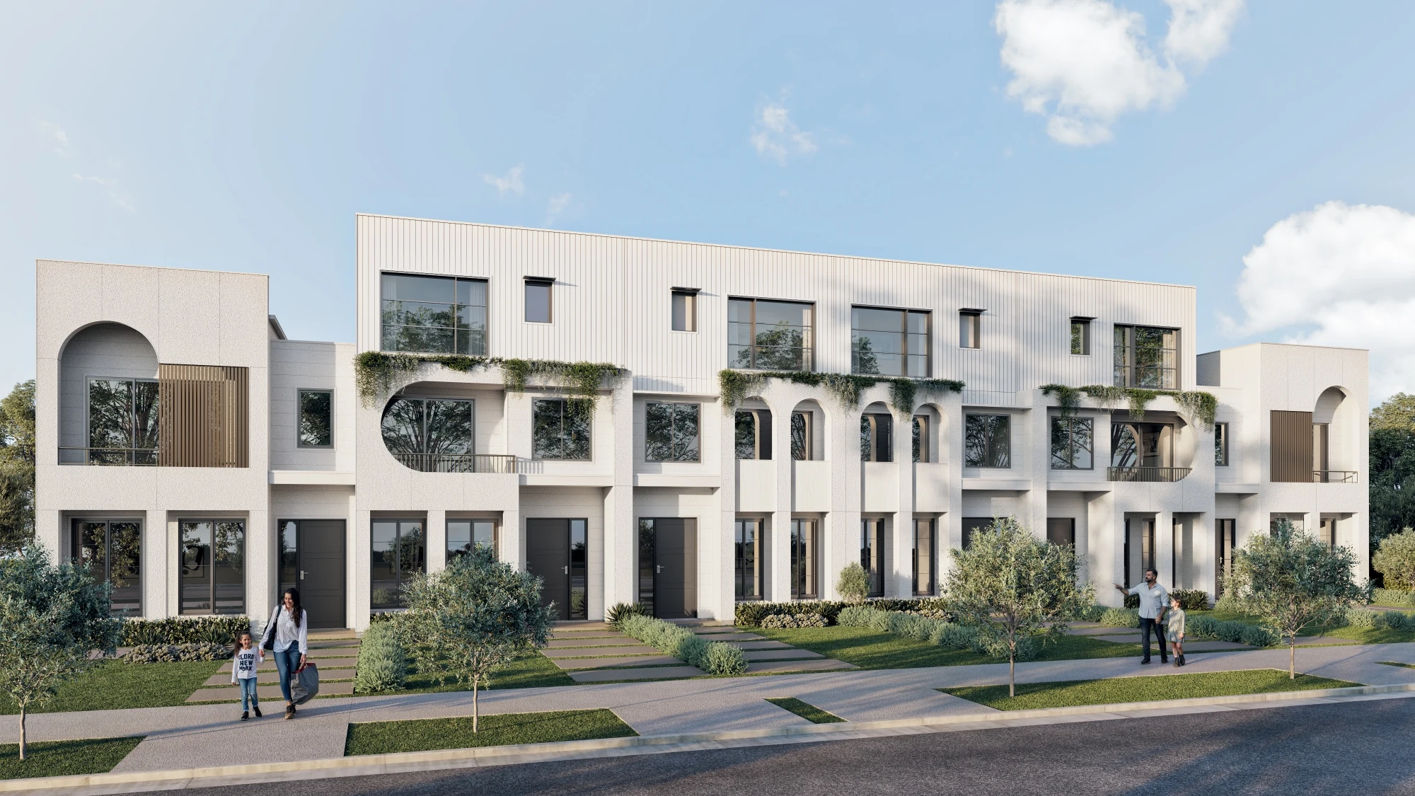 3D streetscape render of Modern Classical townhouse development