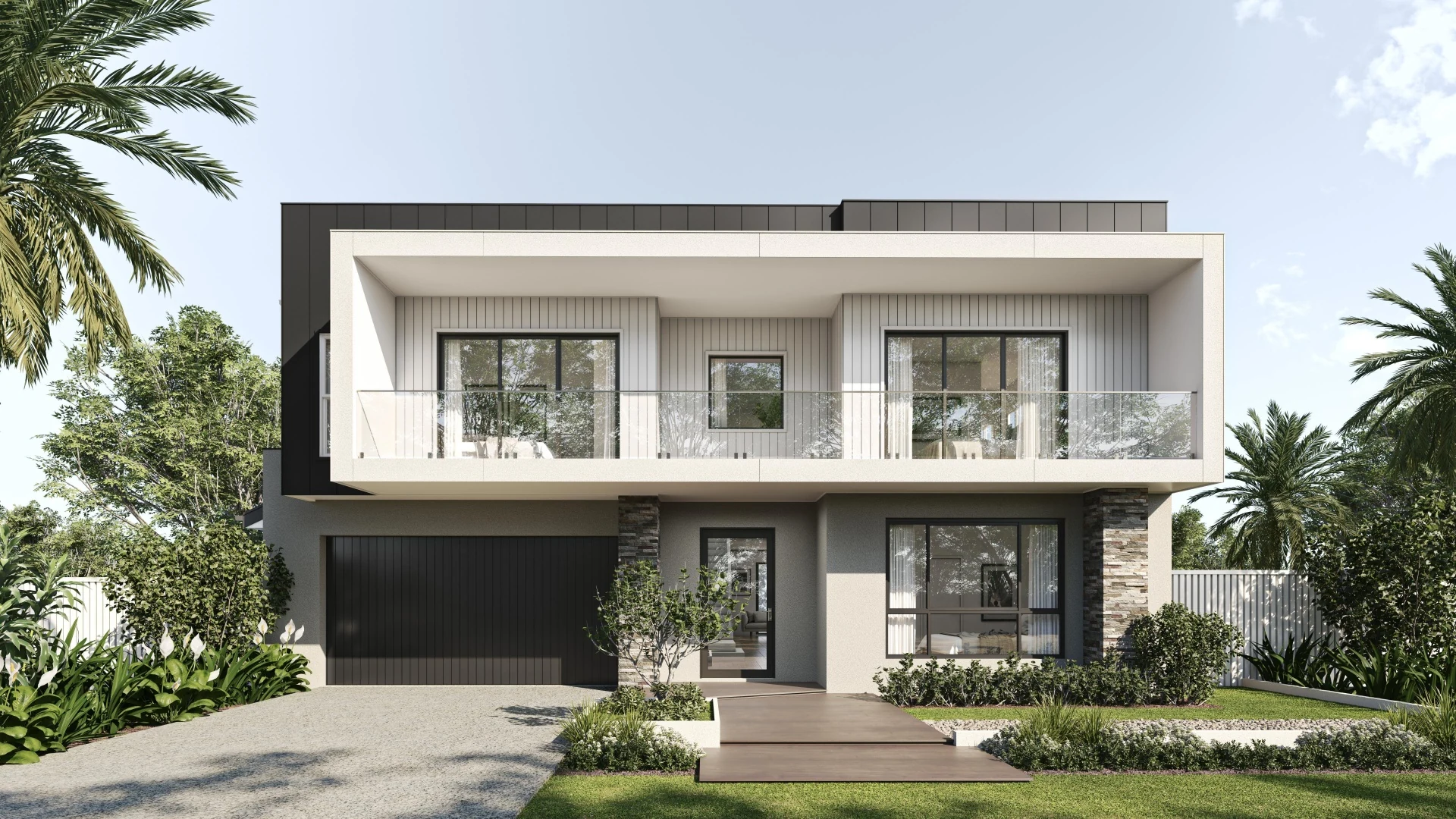 Photorealistic 3D exterior render of contemporary two-storey home with cantilevered upper level and stone feature columns