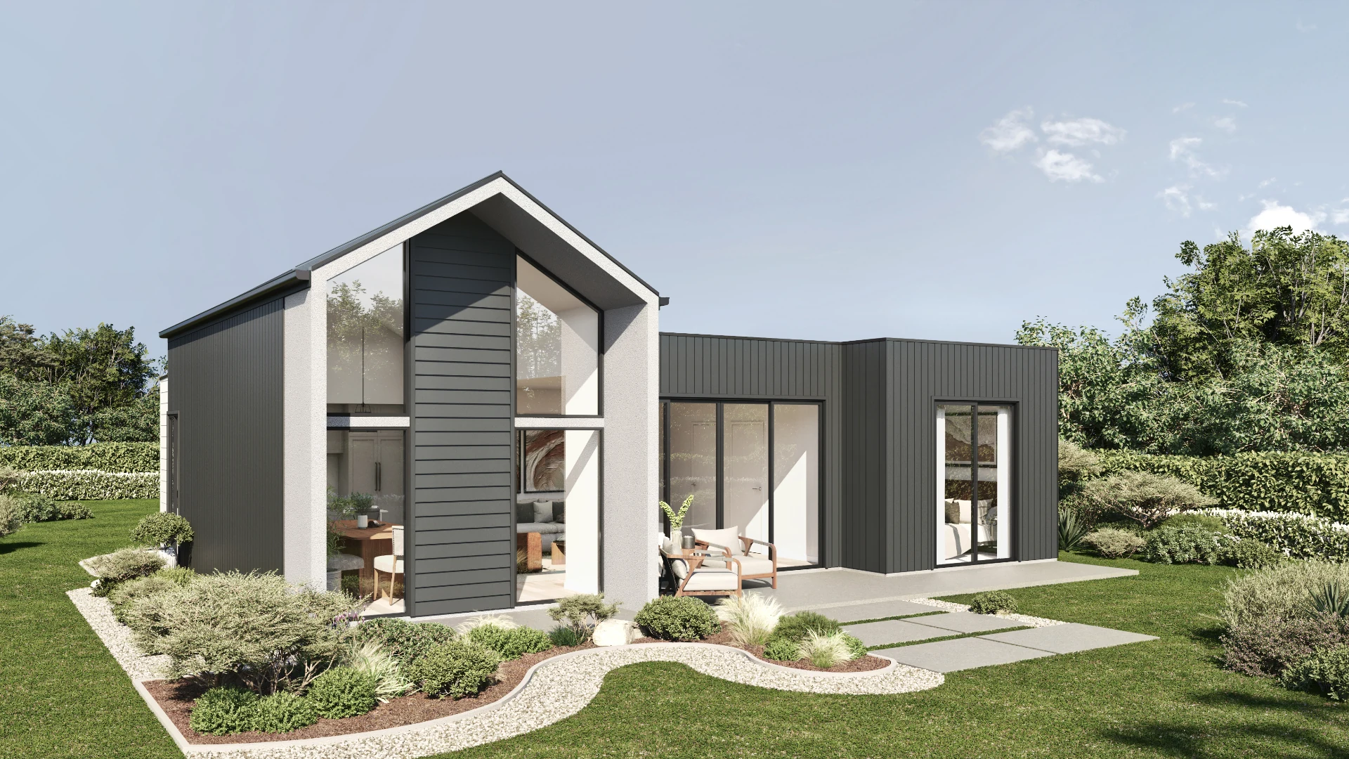 Photorealistic 3D render of modular barn-style prefab home