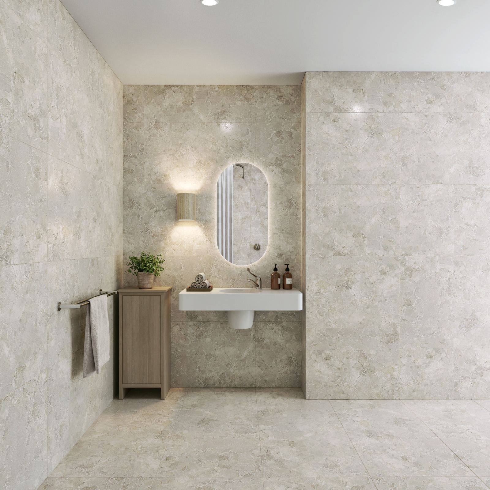 Photorealistic 3D interior render of accessible NDIS SDA ensuite bathroom