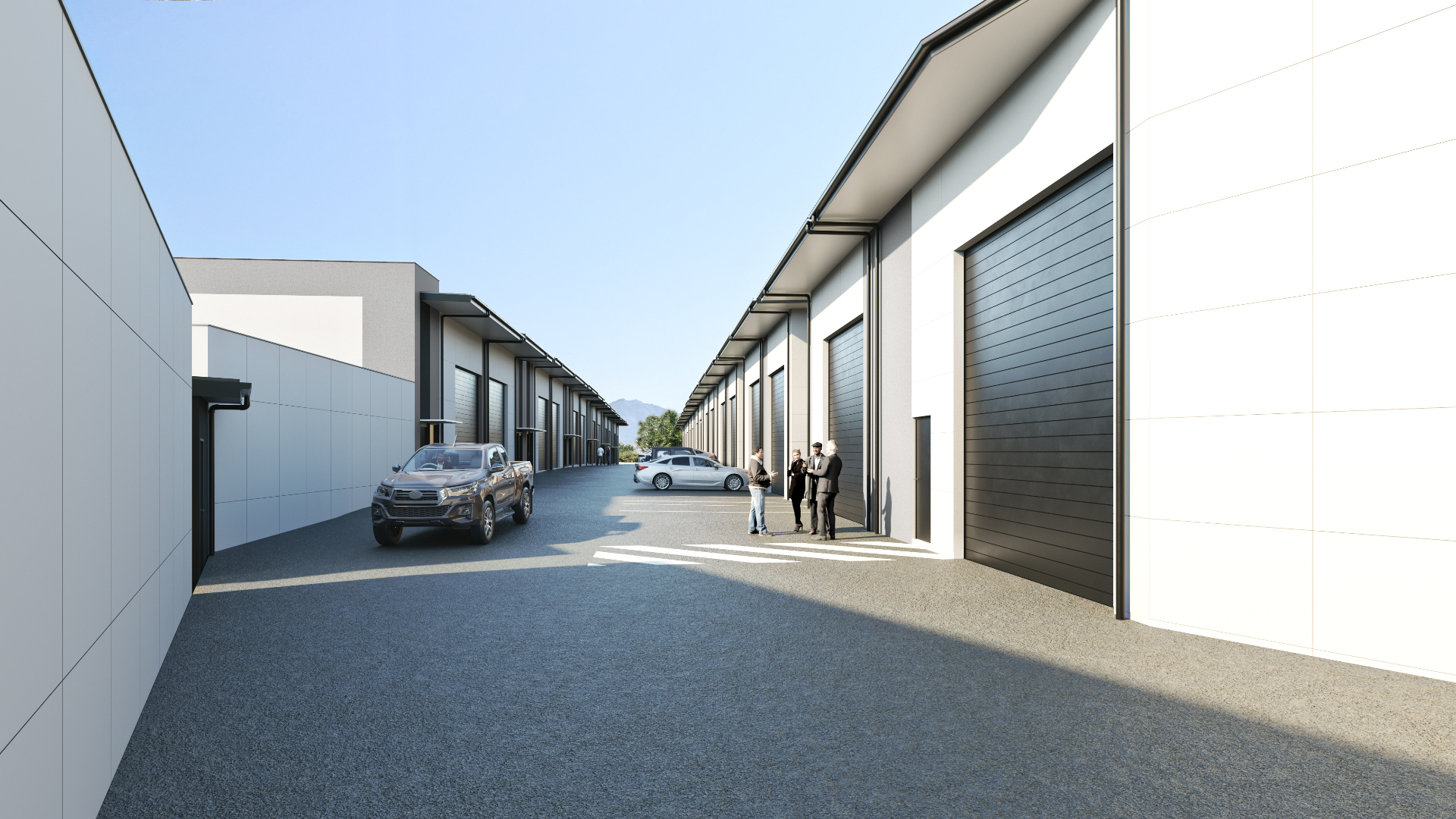 Photorealistic 3D streetscape render of commercial warehouse development
