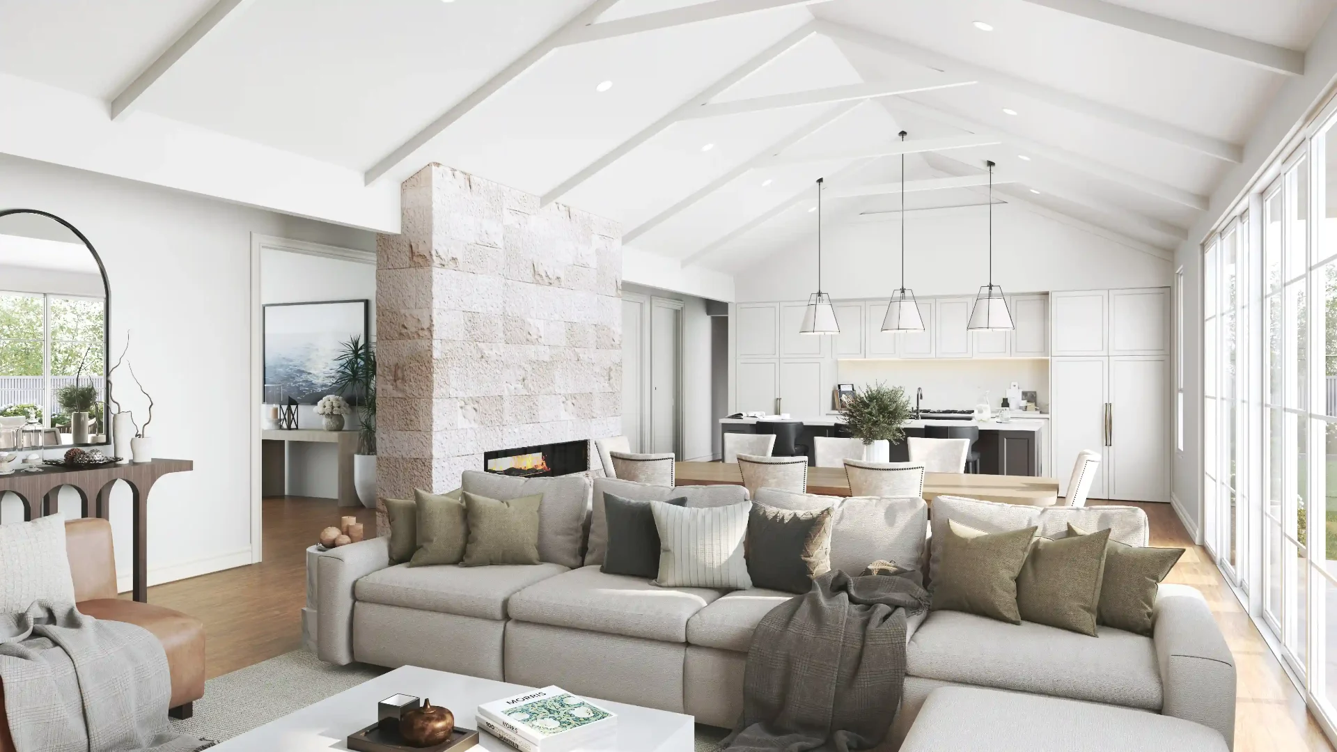 Modern living room interior 3D render for real estate marketing