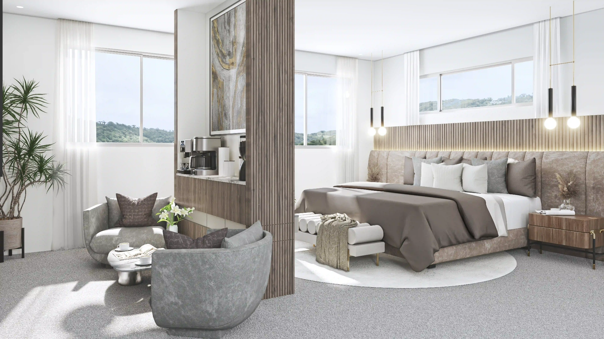 Luxury master bedroom interior 3D render for home builder