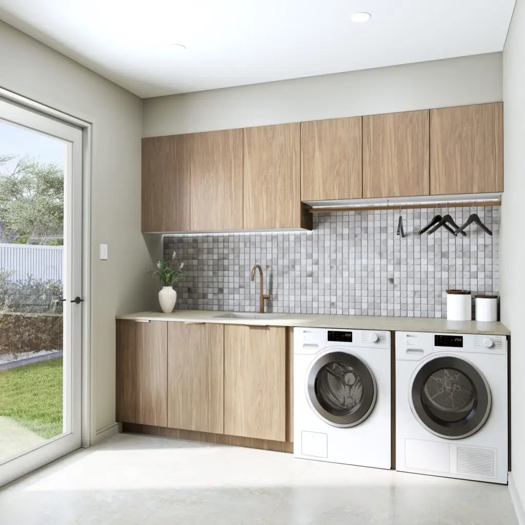 New modern laundry shown with dryer and washing machine